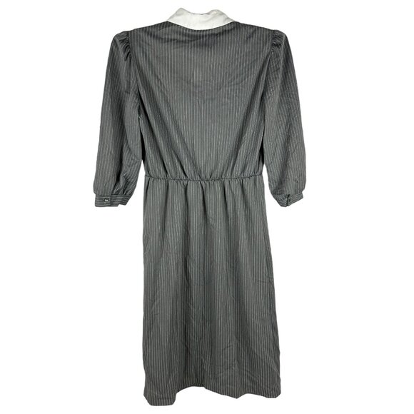 Vintage Gray Striped Long Sleeve Dress Size 14 Button Front White Collar - Picture 3 of 4